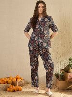 Women Floral Printed Blue Night Suit Set - SanskrutiHomes
