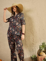 Women Floral Printed Blue Night Suit Set - SanskrutiHomes