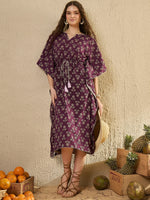 Purple Floral Printed V-Neck Kaftan Night Dress - SanskrutiHomes