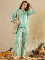 Women Abstract Printed Sea Green Night Suit Set - SanskrutiHomes