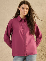 Pink Solid Print Cotton Women Shirt - SanskrutiHomes