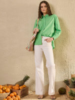 Green Color Solid Cotton Women Shirt - SanskrutiHomes