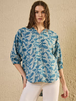 Teal Color Floral Cotton Women Shirt - SanskrutiHomes
