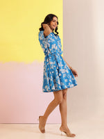 Blue Cotton Shirt Collar Printed Dress for Women - SanskrutiHomes