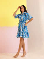 Blue Cotton Shirt Collar Printed Dress for Women - SanskrutiHomes
