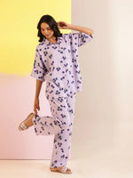 Lavender Color Floral Printed Viscose Rayon Night Suit - SanskrutiHomes