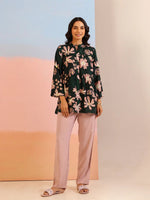 Green Mandarin Collar Silk Blend Printed Co-ords Set for Women - SanskrutiHomes