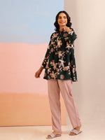 Green Mandarin Collar Silk Blend Printed Co-ords Set for Women - SanskrutiHomes