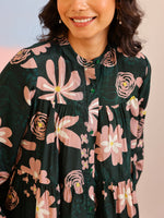 Green Mandarin Collar Silk Blend Printed Co-ords Set for Women - SanskrutiHomes