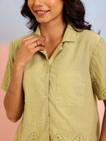 Green Shirt Collar Pure Cotton Embroidered Co-ords Set for Women - SanskrutiHomes