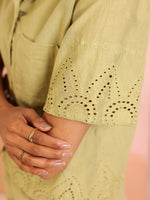 Green Shirt Collar Pure Cotton Embroidered Co-ords Set for Women - SanskrutiHomes
