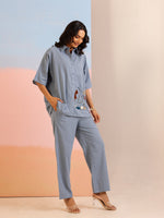 Blue Shirt Collar Pure Cotton Solid Co-ords Set for Women - SanskrutiHomes