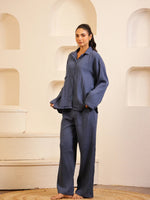 Navy Blue Lapel Collar Pure Cotton Solid Night Suit for Women - SanskrutiHomes