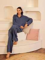 Navy Blue Lapel Collar Pure Cotton Solid Night Suit for Women - SanskrutiHomes