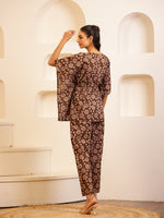 Brown V-Neck Pure Cotton Floral Printed Night Suit for Women - SanskrutiHomes