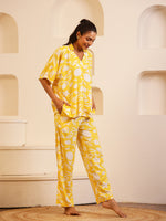 Yellow V-Neck Viscose Rayon Floral Night Suit for Women - SanskrutiHomes