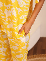 Yellow V-Neck Viscose Rayon Floral Night Suit for Women - SanskrutiHomes