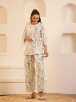 White Round Neck Pure Cotton Printed Co-ords Set for Women - SanskrutiHomes