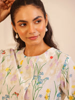 White Round Neck Pure Cotton Printed Co-ords Set for Women - SanskrutiHomes