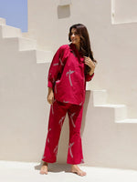 Red Eagle Printed Cotton Shirt Collar Night Suit for Women - SanskrutiHomes