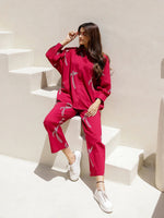 Red Eagle Printed Cotton Shirt Collar Night Suit for Women - SanskrutiHomes