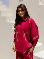 Red Eagle Printed Cotton Shirt Collar Night Suit for Women - SanskrutiHomes