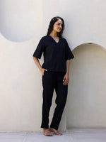 Black Cotton Night Suit with Pant - SanskrutiHomes