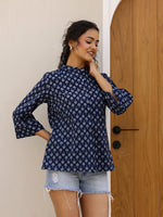 Pure Cotton Printed Blue top for Women - SanskrutiHomes