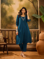 Teal Pure Cotton V-Neck Kurta Set For Women - SanskrutiHomes