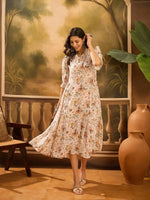 Off White Floral Printed Silk Blend Dress for Women - SanskrutiHomes