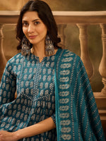 Teal Pure Cotton Round Neck Kurta Set For Women - SanskrutiHomes