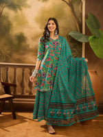 Turquoise Blue Pure Cotton V-Neck Kurta Set For Women - SanskrutiHomes