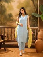 Blue Pure Cotton V-Neck Kurta Set For Women - SanskrutiHomes