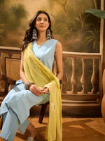 Blue Pure Cotton V-Neck Kurta Set For Women - SanskrutiHomes
