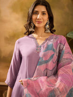 Purple Solid Print Muslin V-Neck Kurta set for women - SanskrutiHomes