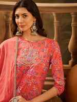 Orange Pure Cotton Round Neck Kurta Set For Women - SanskrutiHomes