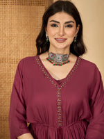 Maroon V-Neck Solid Dress with Inner - SanskrutiHomes