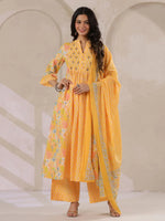 Yellow V-Neck Cotton Kurta with Floral Print and Palazzos for Women - SanskrutiHomes