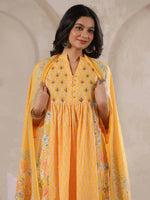 Yellow V-Neck Cotton Kurta with Floral Print and Palazzos for Women - SanskrutiHomes