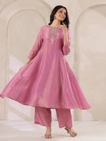 Pink Tissue Round Neck Kurta Set with Embroidered for Women - SanskrutiHomes
