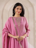 Pink Tissue Round Neck Kurta Set with Embroidered for Women - SanskrutiHomes