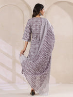 Grey Flower Printed Round Neck Cotton Kurta Set With Dupatta - SanskrutiHomes