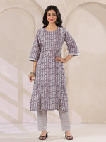 Grey Flower Printed Round Neck Cotton Kurta Set With Dupatta - SanskrutiHomes