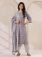 Grey Flower Printed Round Neck Cotton Kurta Set With Dupatta - SanskrutiHomes