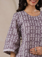 Grey Flower Printed Round Neck Cotton Kurta Set With Dupatta - SanskrutiHomes