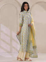 Off White Cotton Kurta Set Yellow Flower Printed With Dupatta - SanskrutiHomes