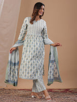 White Floral Printed Round Neck Kurta Set with Dupatta - SanskrutiHomes
