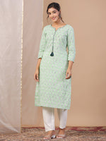 Green Printed Cotton Boat neck Kurta for Women - SanskrutiHomes
