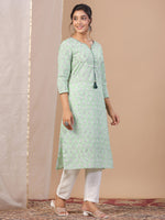 Green Printed Cotton Boat neck Kurta for Women - SanskrutiHomes