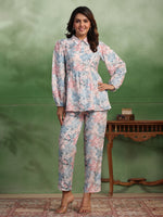 Silk Blend floral printed shirt collar co-ord - SanskrutiHomes